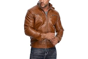 HOOD CREW Men’s Stand Collar Leather Jacket Casual Faux Leather Motorcycle Jacket Outerwear Coat with Zipper Pockets