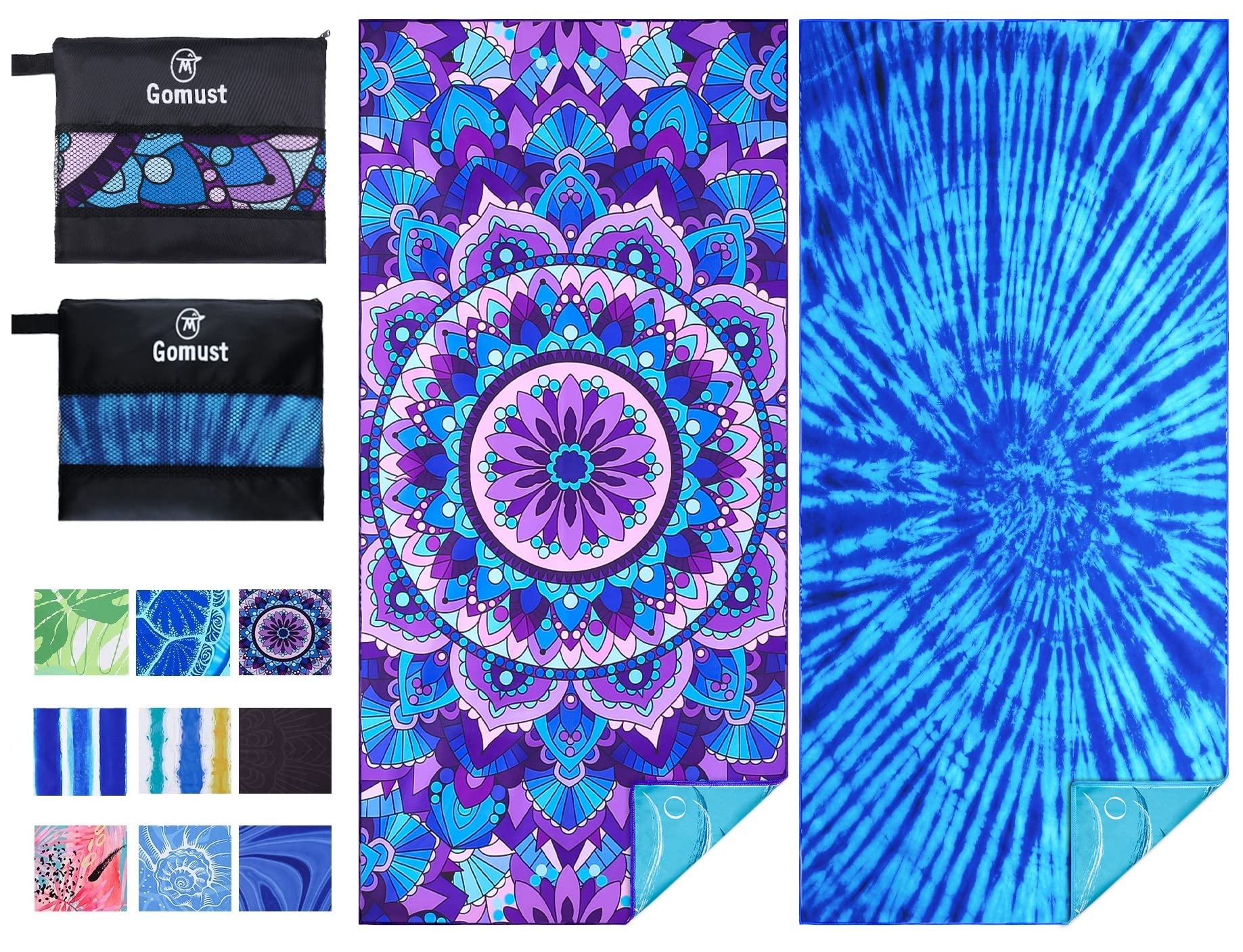 Photo 1 of 2 Pack Lightweight Thin Beach Towel Oversized 71"x32" Big Extra Large Microfiber Sand Free Towels for Adult Quick Dry Travel Camping Beach Accessories Vacation Essential Gift Tie Dye Purple Mandala