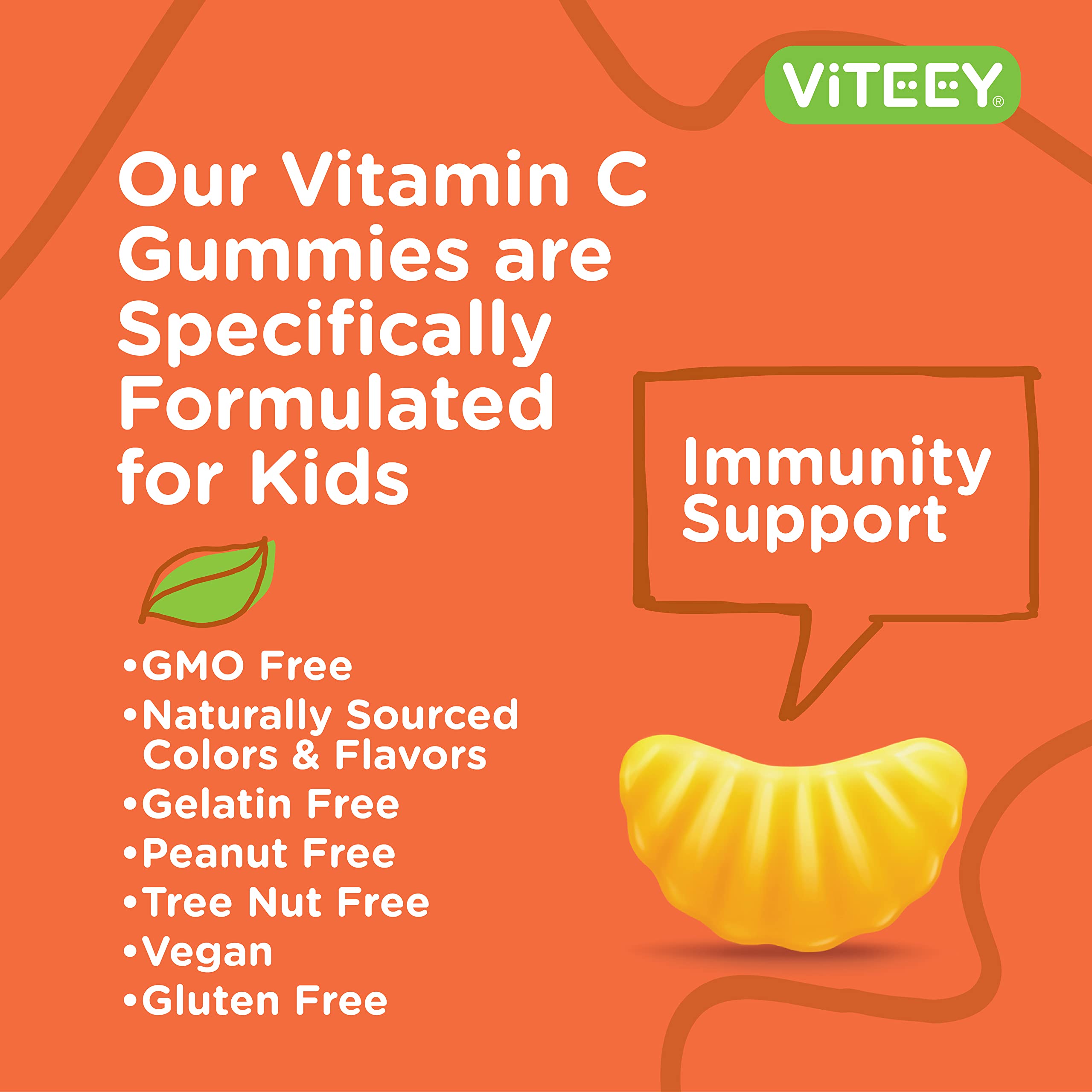 Viteey Kids Vitamin C Gummies 75mg, with Echinacea - Sugar Free - Immune Support for Toddlers, & Teens - Vegan, Gelatin Free, Gluten Free, GMO Free - Tasty Orange Flavored Kids Immunity Gummy