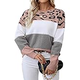 Libsorge Womens Oversized Cute Color Block Leopard Sweater Fall 2025 Trendy Ladies Dressy Causal Knit Boat Neck Pullover Top
