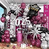 Black Maroon and Silver Balloon Garland Arch Kit with Star Foil Balloons and Silver 2025 Foil Graduation Cap Foil Balloons for 2025 Graduation Decoration Class of 2025