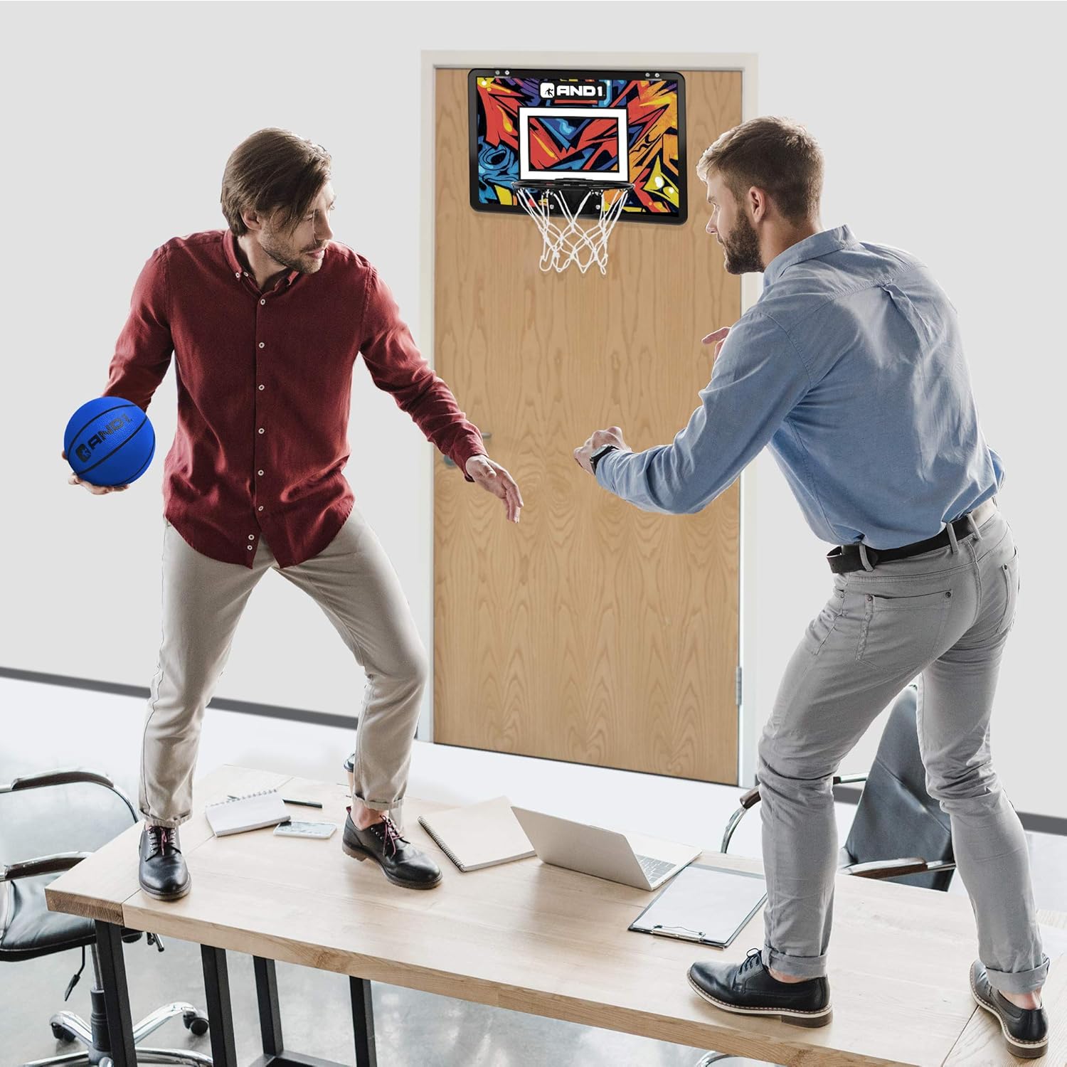 AND1 Mini Basketball Hoop: 18”x12” Pre-Assembled Portable Over The Door with Flex Rim, Includes Two Deflated 5” Mini Basketball with Pump, for Indoor, Orange/Blue : Sports & Outdoors