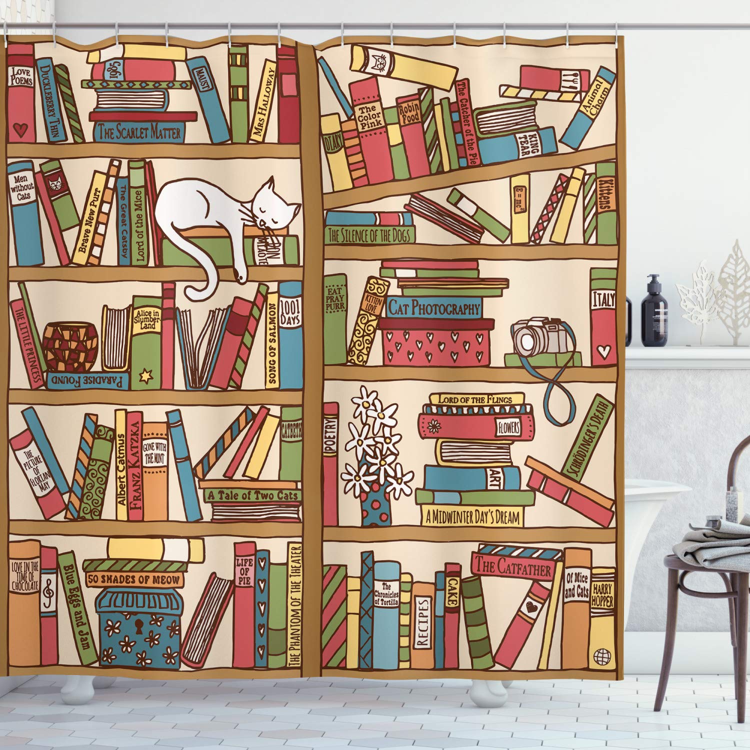 ABAKUHAUS Cat Shower Curtain, Nerd Book Lover Kitty Sleeping over Bookshelf Library Academics Feline Boho Design, Cloth Fabric Bathroom Decor Set with Hooks, 175 x 220 cm, Peach Multicolor
