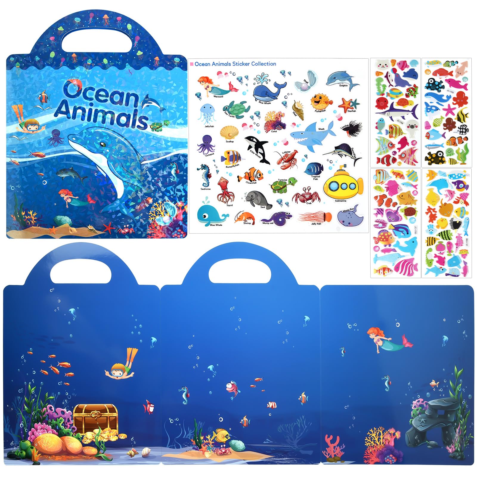 ASTARON Reusable 3D Puffy Sticker Book for Kids, 88 Pcs Cute Waterproof Ocean Animals Stickers, Puffy Sticker Game Travel Stickers and Educational Sensory Learning Toy（3-6 Age）