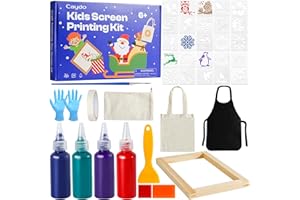 Caydo Kids Screen Printing Kit, Arts and Crafts Silk Screen Printing Kit with 4 Colors Fabric Paint, Frame, Stencils, Squeegee & Canvas Bag, Silkscreening Kit for Children's Christmas Gifts