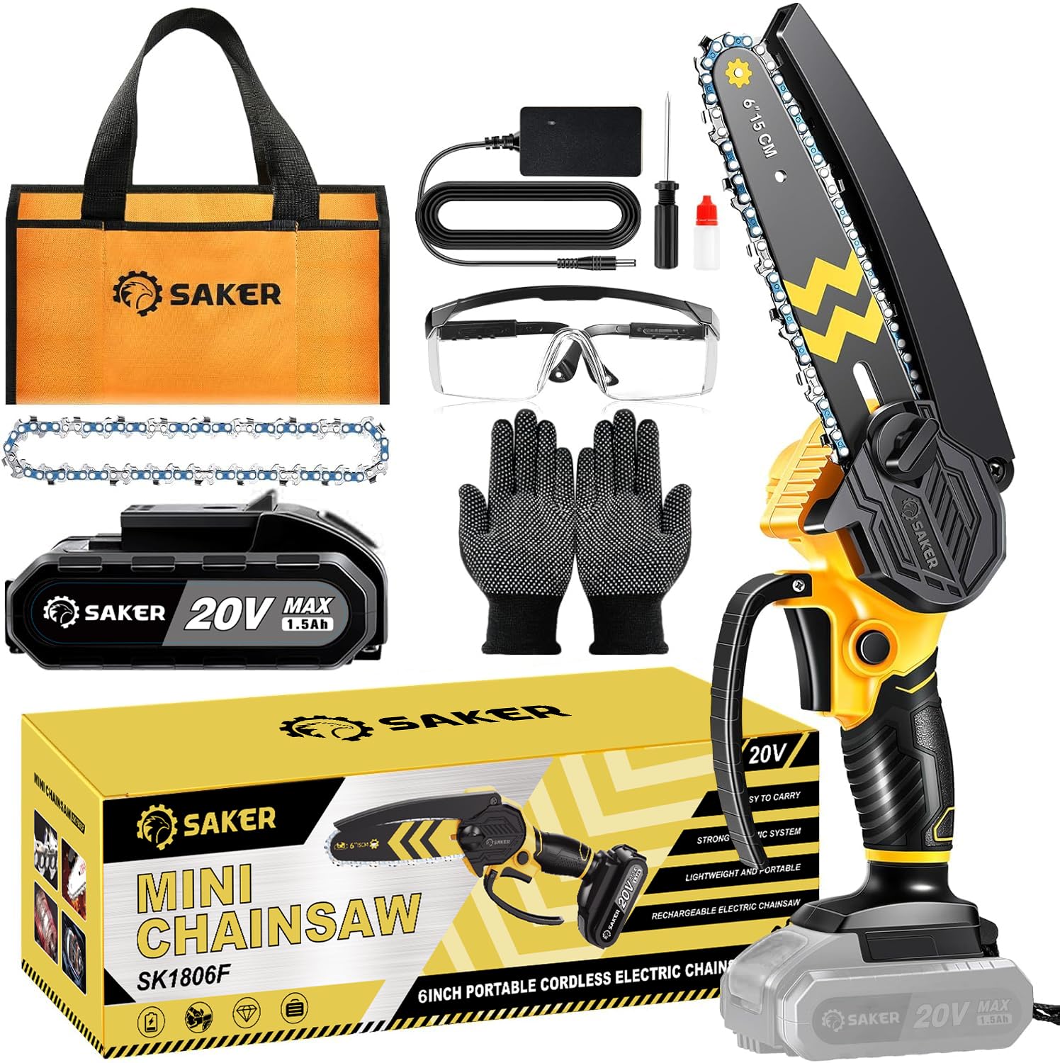 Saker Mini Chainsaw Cordless 6-Inch-Switch Security Lock-Cordless Power Chain Saws-Handheld Small Chainsaw for Cutting Wood Trimming and Woodworking- Mini Chain Saw Cordless with 1 Battery Image