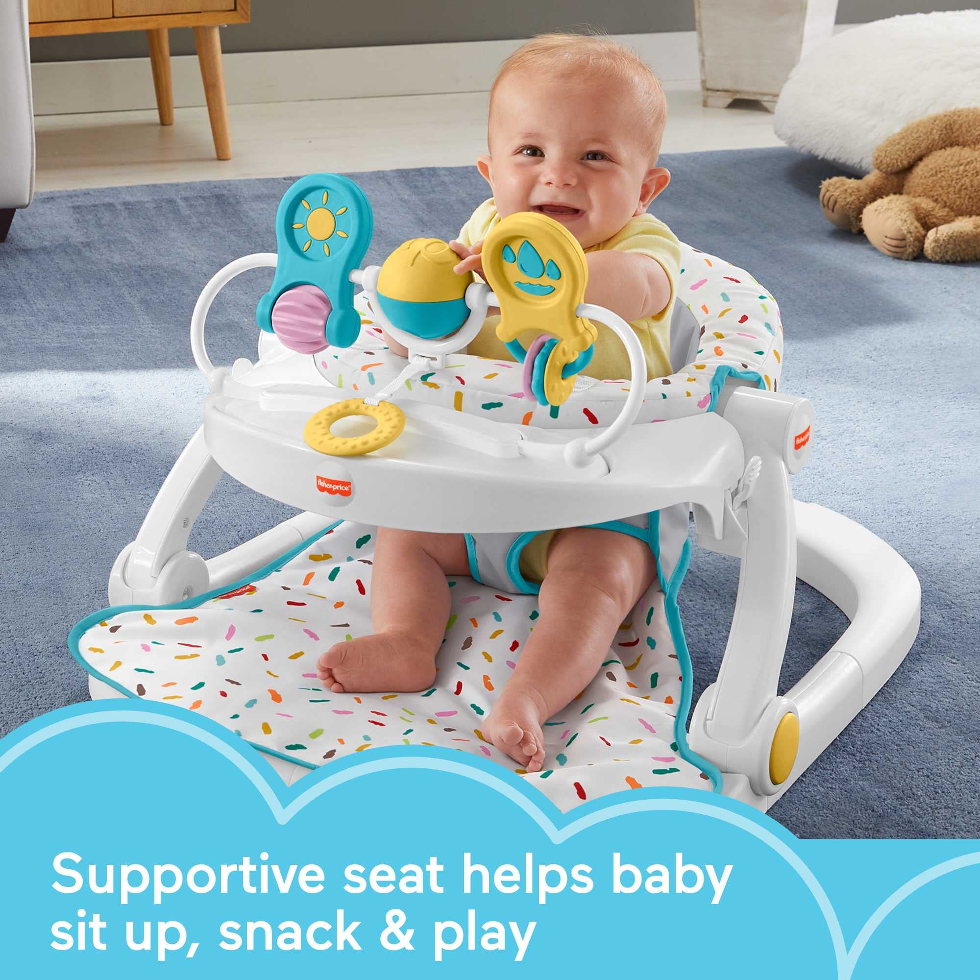 Fisher-Price Portable Baby Chair Deluxe Sit-Me-Up Floor Seat with Snack Tray, Newborn Activity Toys & Rainbow Sprinkles Washable Pad