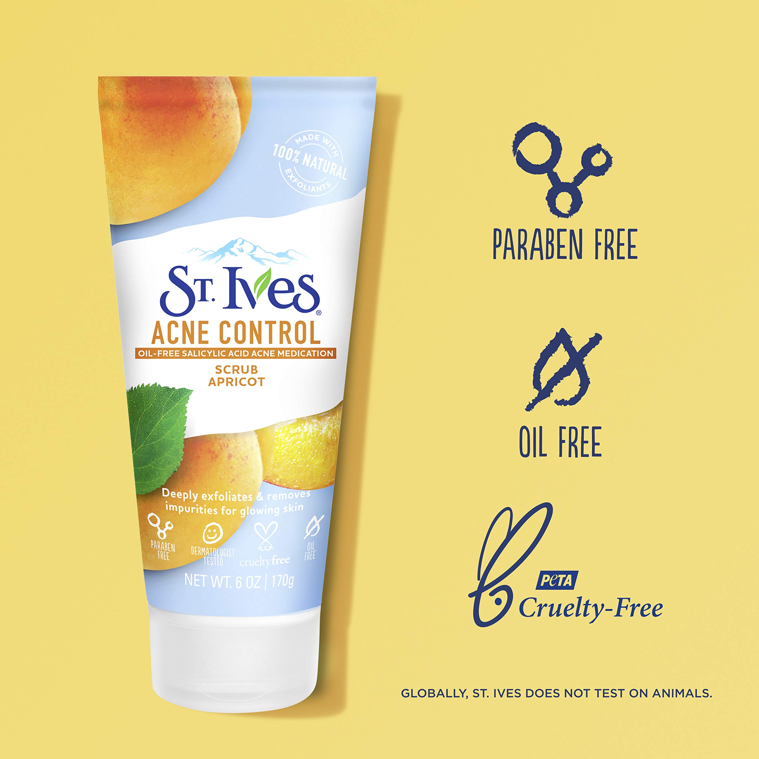 St. Ives Acne Control Face Scrub Deeply Exfoliates and Prevents Acne for Smooth, Glowing Skin Apricot Made with Oil-Free Salicylic Acid Acne Medication, Made with 100% Natural Exfoliants 6 oz