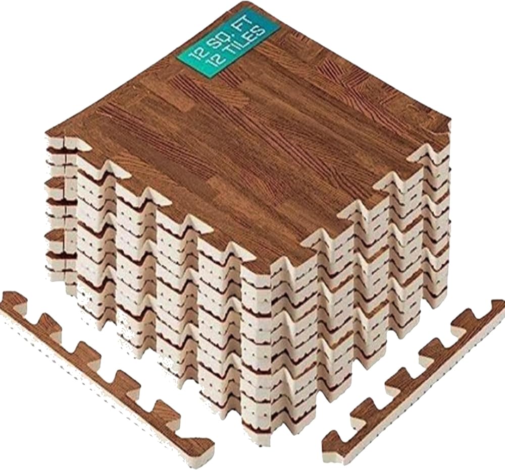 Yes4All Interlocking Floor Mats Border Oak Wood Dark 12 Tiles 12 ft²