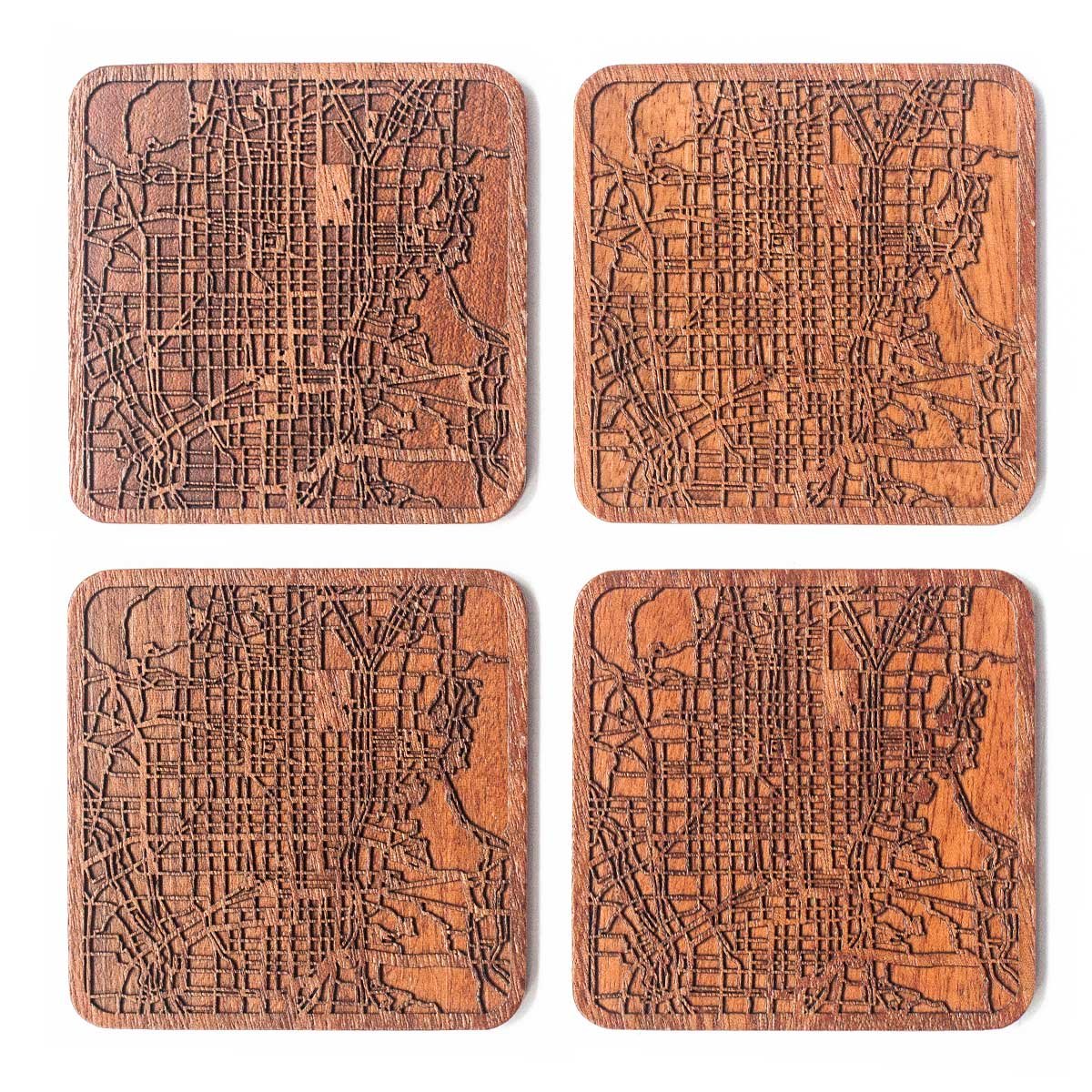 Kyoto Map Coaster by O3 Design Studio, Set of 4, Sapele Wooden Coaster with City map, Multiple City Optional, Handmade