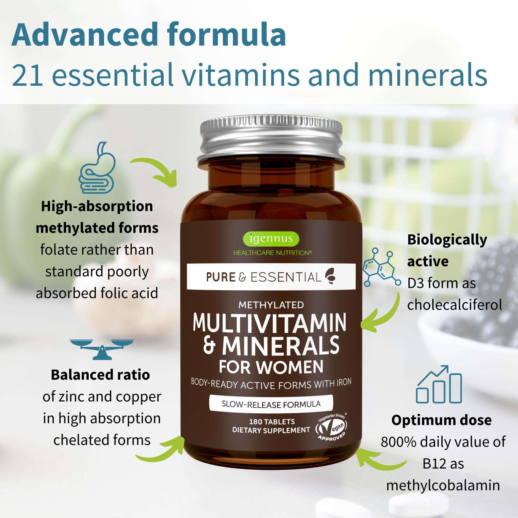 Igennus High Potency Methylated Multivitamin for Women, Pure & Clean Ingredients, MTHFR Supplement with Active B-Vitamins, Vitamin K2 MK7, Gentle Iron, Sustained Released, Non-GMO & Halal, 180 Tablets