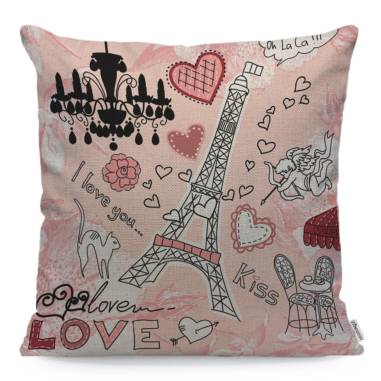 WONDERTIFY Eiffel Tower Cushion Cover Love Paris Romantic Hearts Decorative Throw Pillow Covers For Couch, Bed Sofa Pillows Case Pink 45X45 Cm