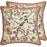 patdrea Designer Vintage Floral Throw Pillow Covers for Couch Set of 2,Brown Linen Pillowcases with Bird and Rose Pattern Decorative Square Cushion for Bed Living Room Outdoor Cafe Car,18"x18"