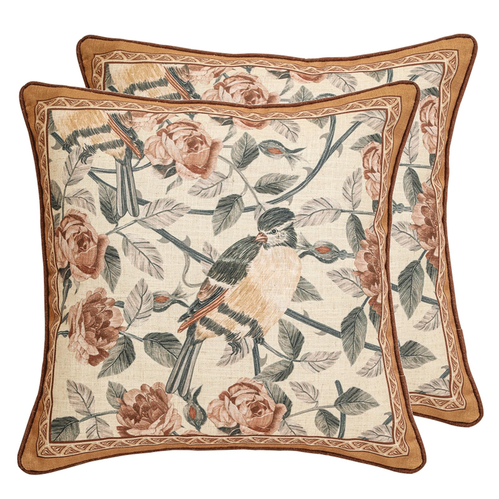 Photo 1 of patdrea Designer Vintage Floral Throw Pillow Covers for Couch Set of 2,Brown Linen Pillowcases with Bird and Rose Pattern Decorative Square Cushion for Bed Living Room Outdoor Cafe Car,18"x18"