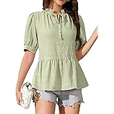 Blooming Jelly Womens Peplum Tops Tie Front Puff Sleeve Cute Summer Blouse Casual Babydoll Trendy Shirt Vacation Outfit