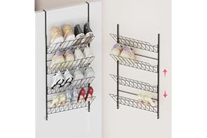 SWTYMIKI Over The Door Shoe Organizer - Adjustable 4 Tier Hanging Shoe Rack Organizer, Metal Heavy Duty Behind Door Storage or Wall Mount Shoes Shelf for Flats, Heels, Sneakers, Boots
