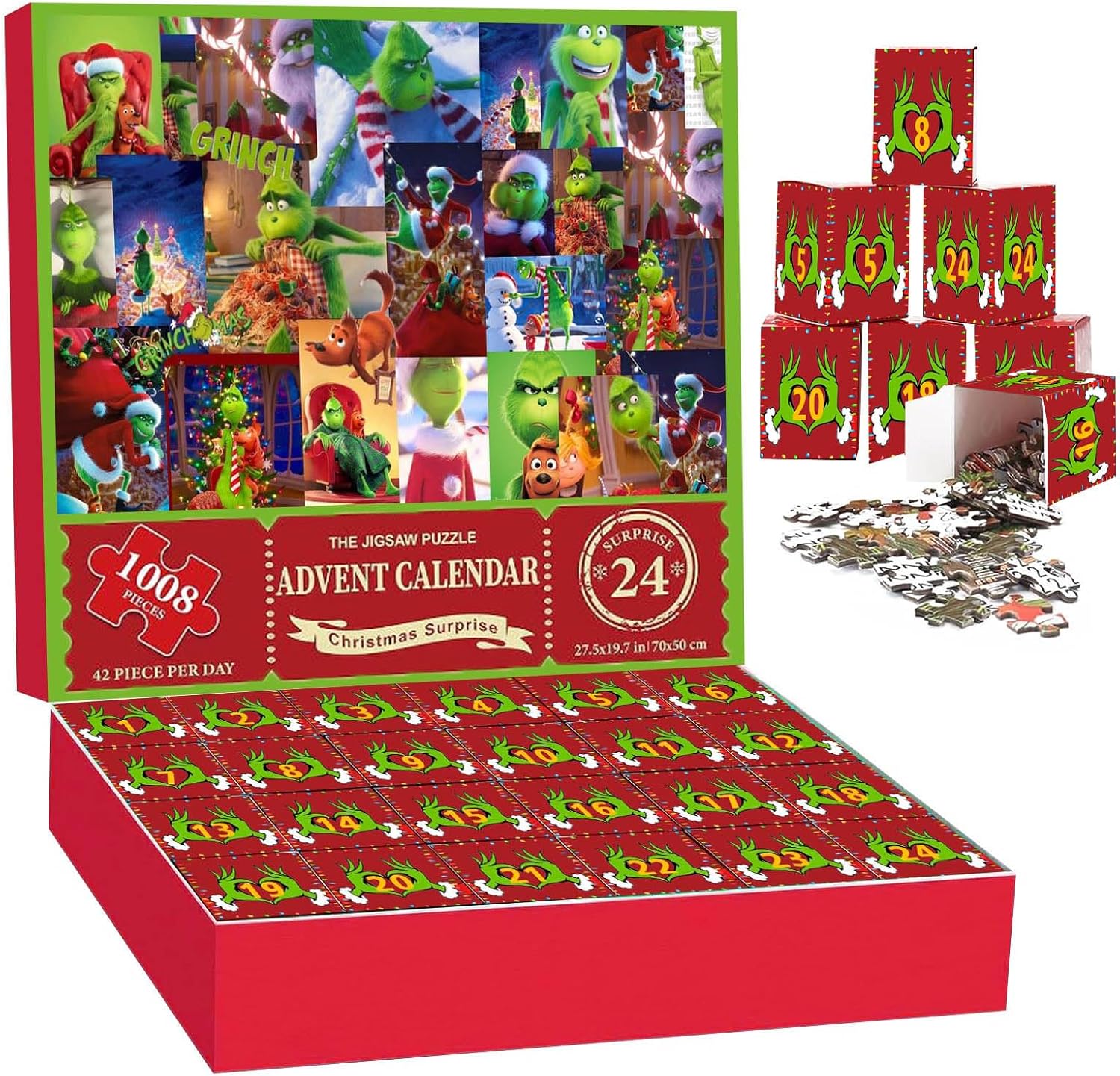 Advent Calendars - Grinchmas Advent Calendar, 2023 Jigsaw Puzzles for Kids Adults, 24 Days Christmas Puzzle Countdown Calendar,Funny Christmas Game Gift,1008 Pcs Family Game Puzzle,27.6
