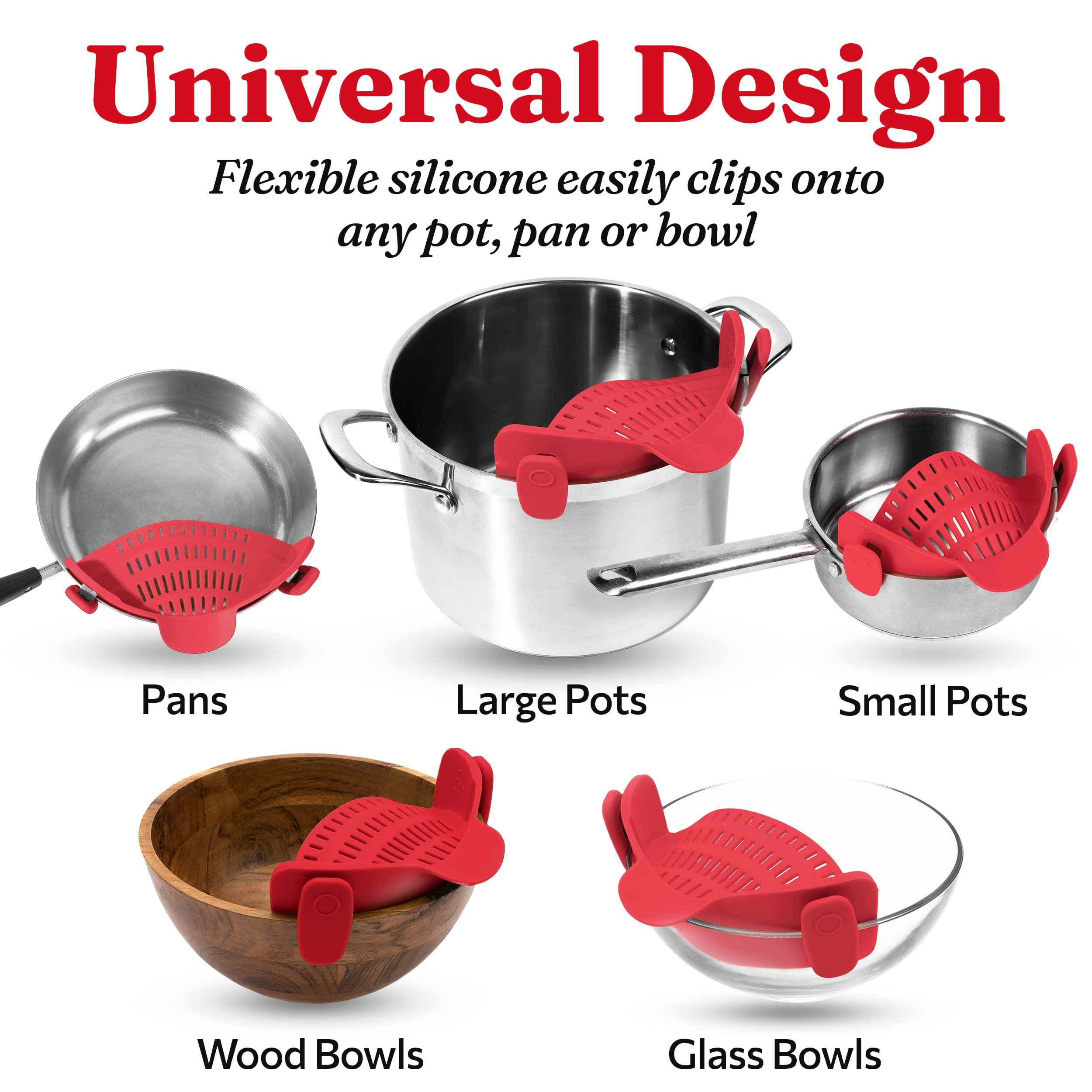 Kitchen Gizmo Snap N Strain Silicone Pot Strainer - Adjustable Clip-On Pasta Strainer for Pots, Pans, and Bowls - Large Red Kitchen Colander