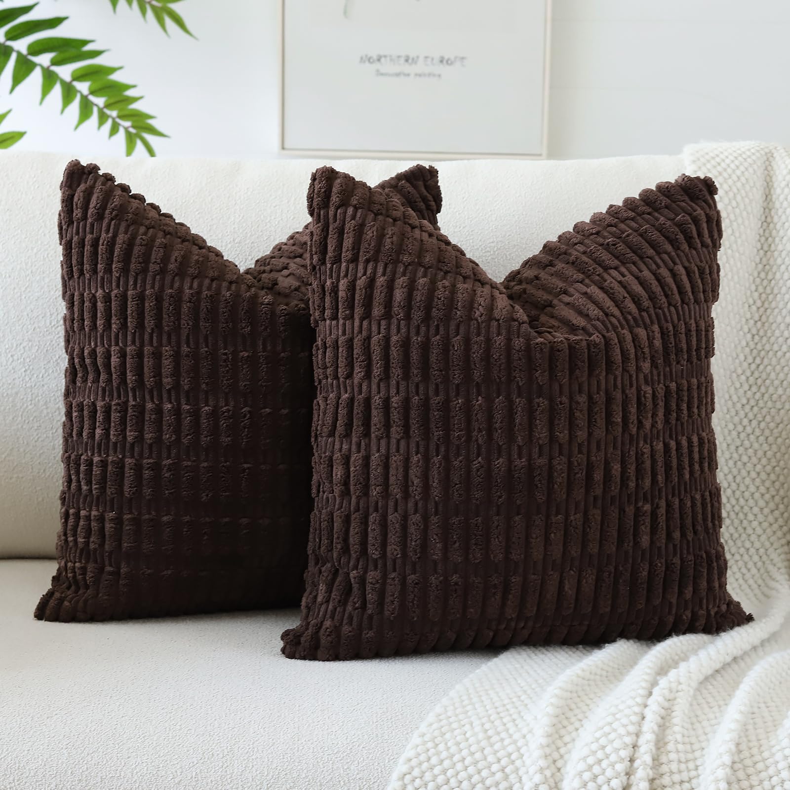 JOTOM Pack of 2 Corduroy Soft Striped Cushion Covers 40x40 cm 16x16 Inch Boho Decorative Throw Pillow Covers Square Cushion Case Home Decor Pillow Cases for Couch Sofa Living Room Bed (Dark Brown) — image 1
