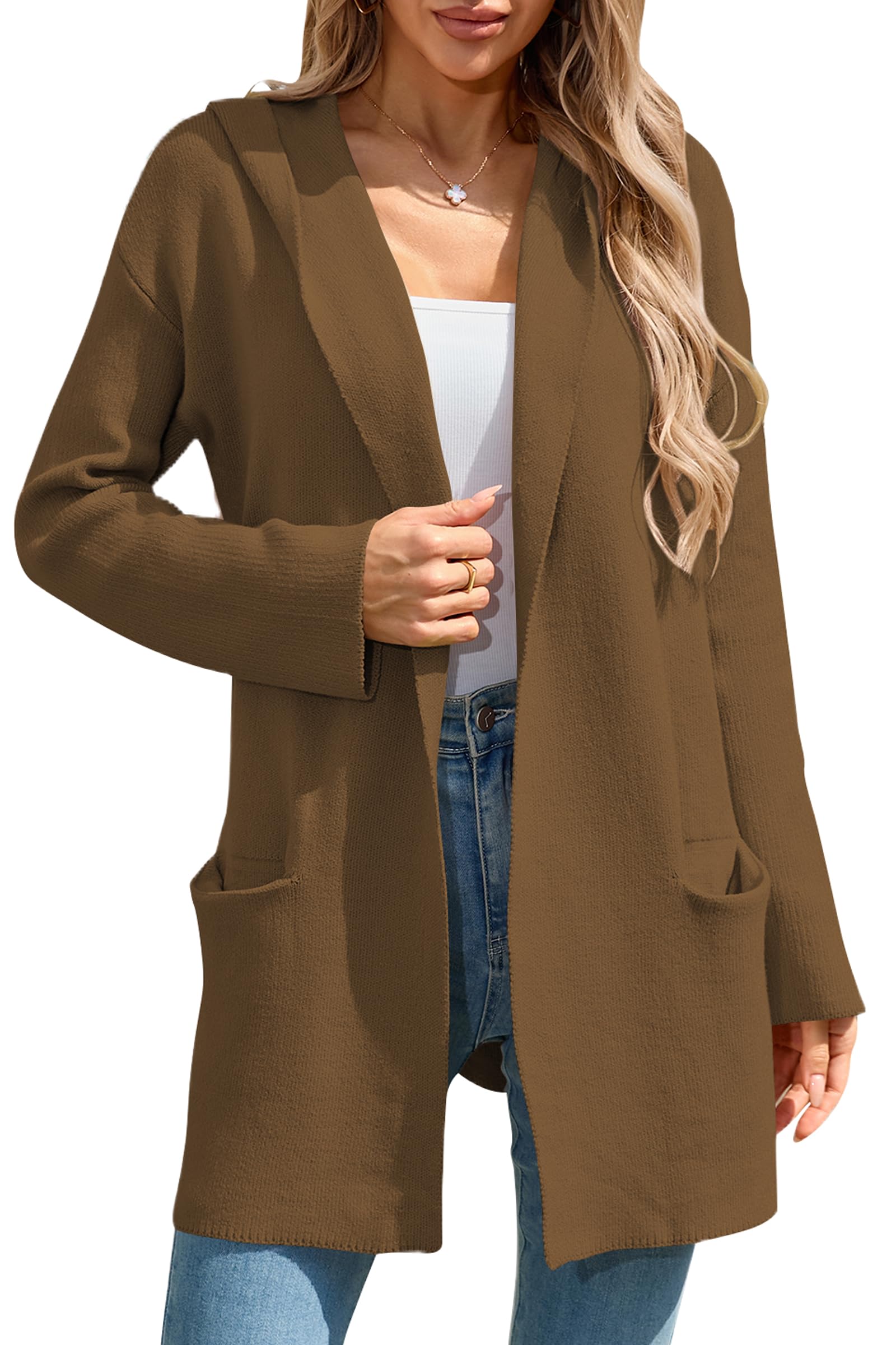Photo 1 of Cakulo Womens Long Hooded Cardigan Sweaters Oversized Fall Cardigans 2025 Open Front Knit Sweater Coats Pockets Camel M