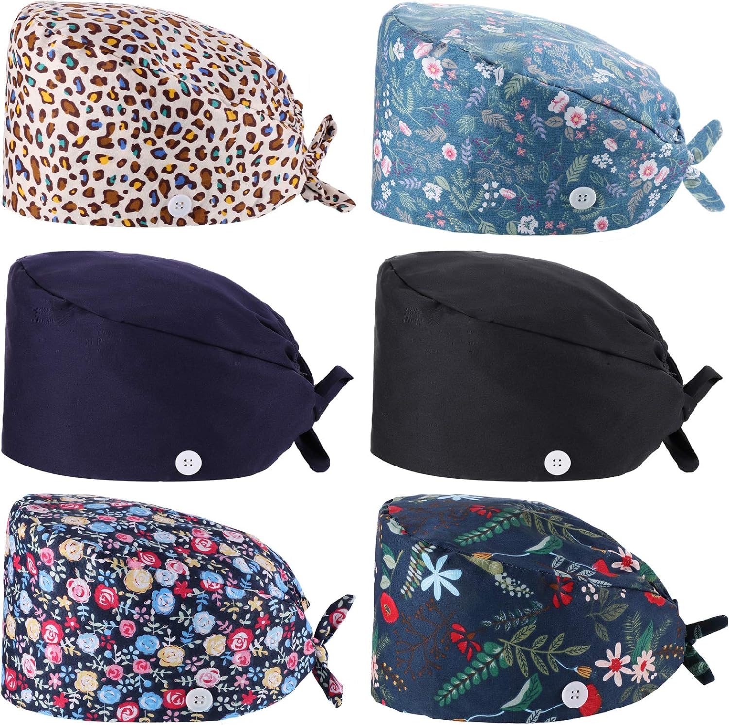 Geyoga 6 Pieces Bouffant Hat Printed Working Cap with Buttons and Sweatband Adjustable Tie Back Hat for Women Men: Clothing