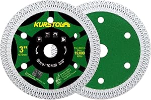 KURSTOL Tile Porcelain Diamond Blade - 2pcs 3"/75mm Super Thin Diamond Cutting Disc Wheel,Arbor 3/8", for Ceramic Granite,Mar