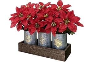 HEMYLU Poinsettias Artificial Christmas Flowers with LED Lights, Red Xmas Table Centerpiece in Pots and Wood Box for Decoration