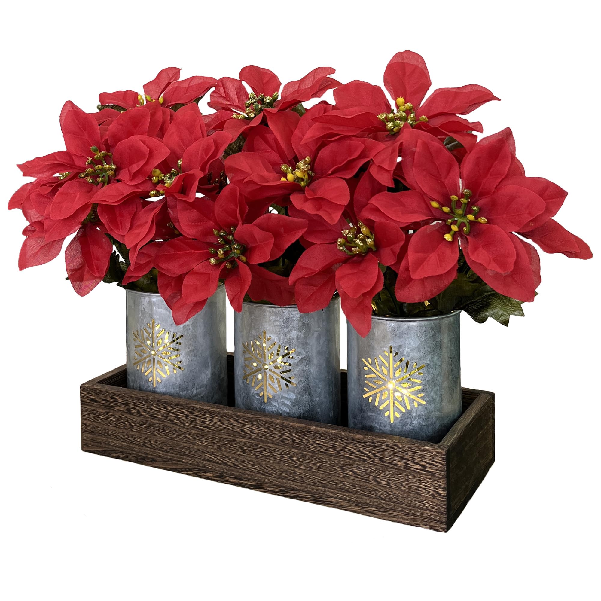 HEMYLU Poinsettias Artificial Christmas Flowers with LED Lights, Red ...