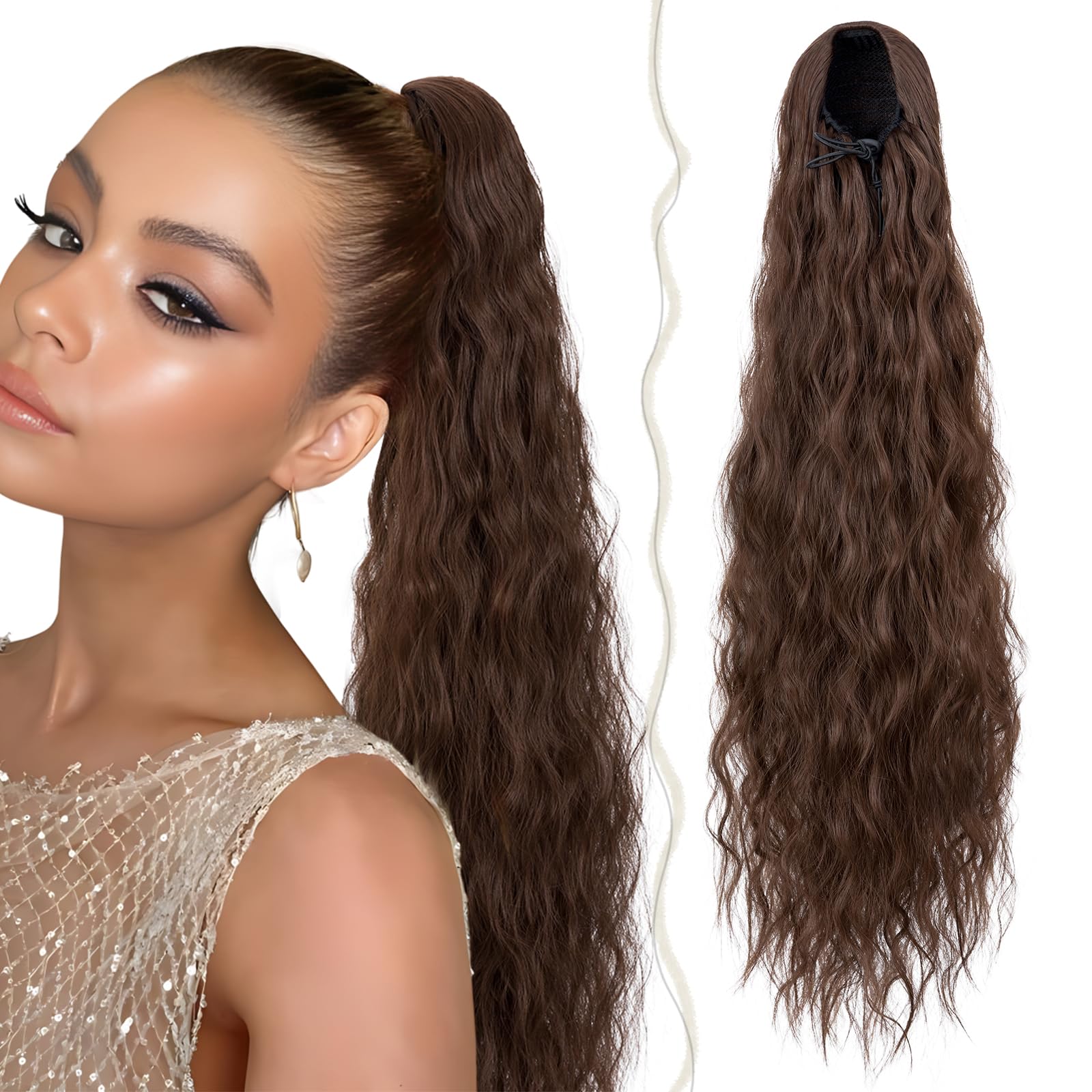 TESS 32 Inches Drawstring Ponytail Extension, Corn Curl Hair Pieces for Women, 155g Curly Ponytail Extension， Chestnut Brown — image 1