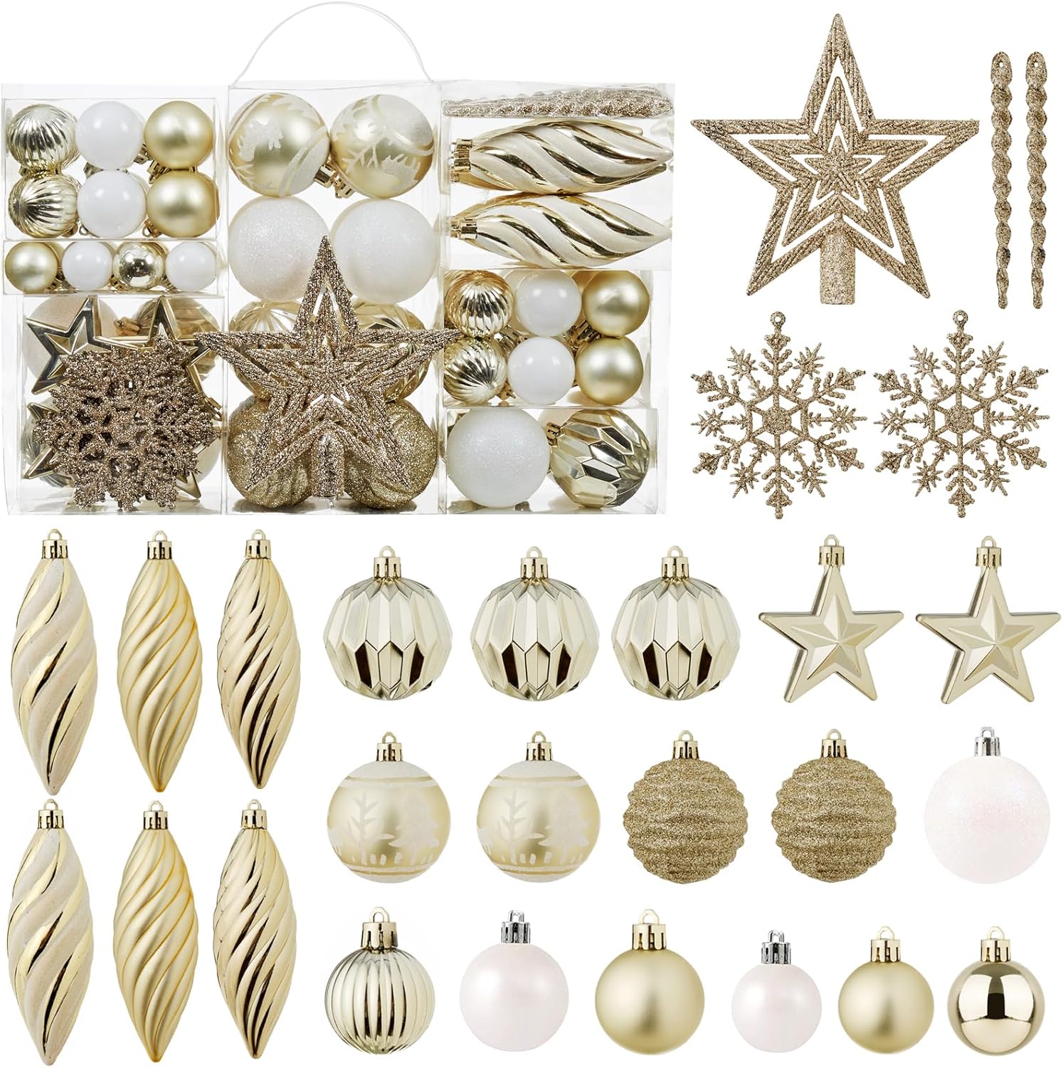 Ornaments - 100ct Christmas Ball Ornaments Set - Assorted Shatterproof Hanging Tree Ornament Set with Reusable Hand-held Gift Package for Xmas Tree Holiday Party and Home Decor (Champagne)