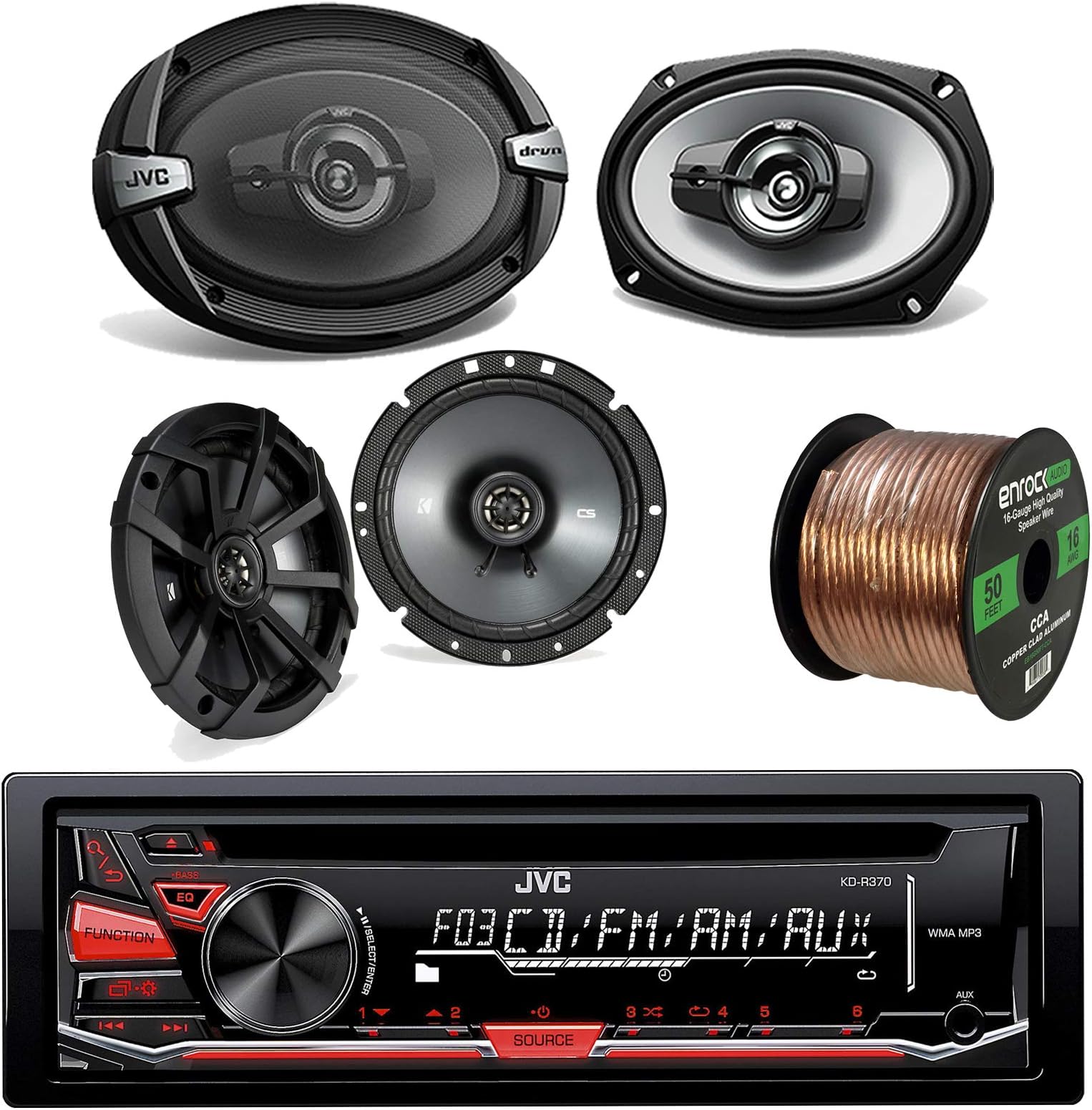 JVC KD-R370 CD/MP3 AM/FM Radio Player Car Receiver Bundle Combo with 2X DR1720 300-Watt 6.75" Vehicle Coaxial Speakers + 2X DR693 6x9 Inch 1100W 4-Way Audio Speakers + Enrock 50Ft 16-Gauge Wire