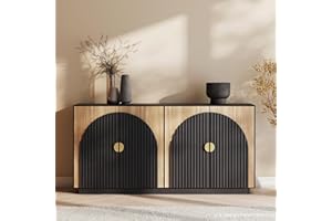 BELLEZE 65 Inch Fluted Buffet Cabinet with Storage, Symmetrical Arc Accent Sideboard Large Console Table for Dining Room, Kitchen, and Living Room (Camel)