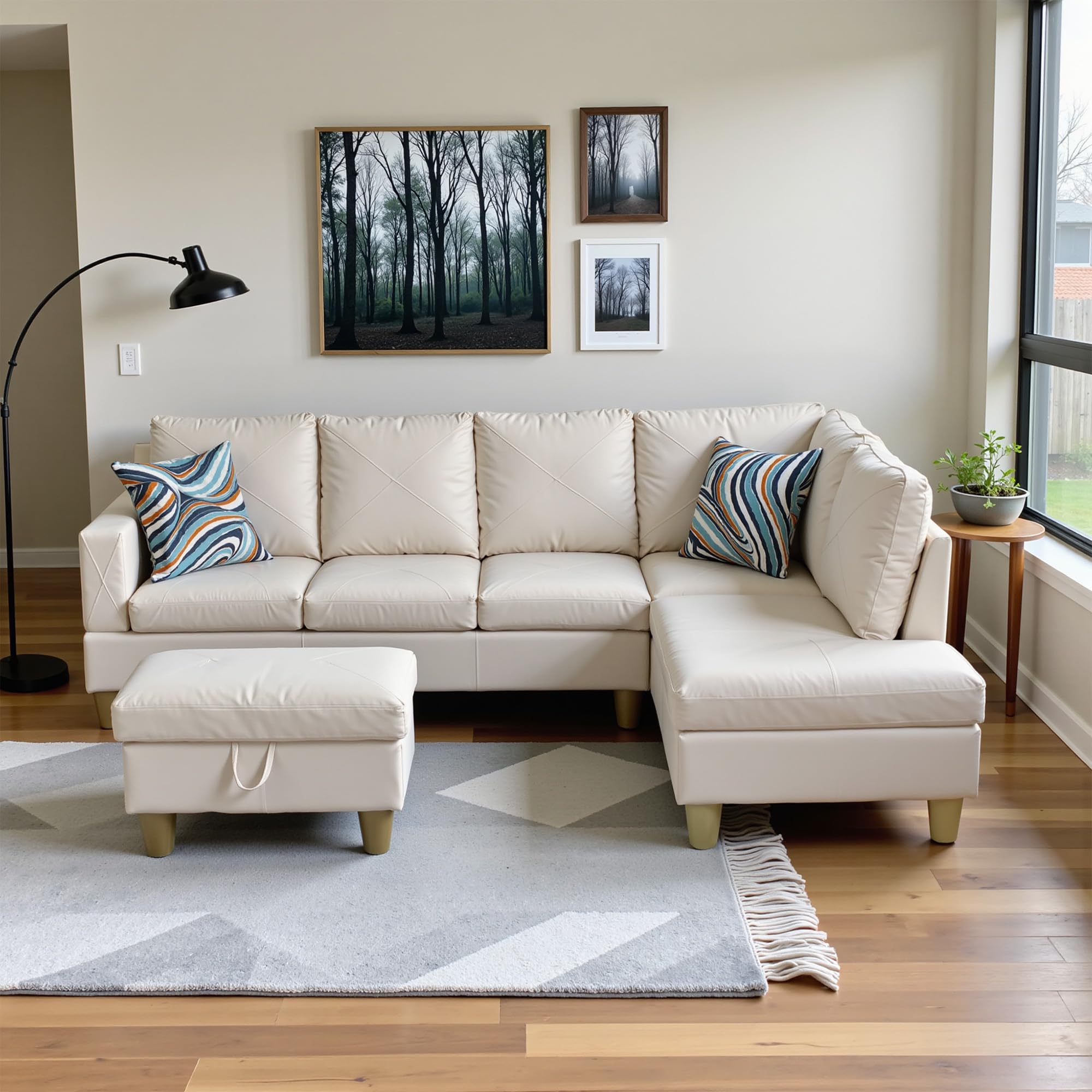 Photo 1 of **SELLING FOR PARTS AS PARTIAL SET. ONE BOX OF TWO. DIRTY FROM TRANSPORT **Osparple Sofas for Living Room Faux Leather L Shaped Sectional Couch 3 Pieces Small Sectional Sofa Set with Chaise, Ottoman with Storage for Small Apartment, Study, Home Office, Cr