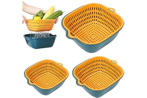 Colander Bowl Set 3Pcs Fruit Strainer and 3Pcs Fruit Washing Bowl Different Size Double Layered Plastic Colander for Washing 