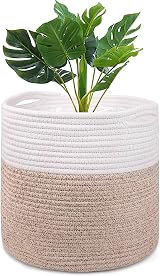 tenn well 30cm Indoor Plant Pot Basket with Liner Cotton Woven White Khaki view 1