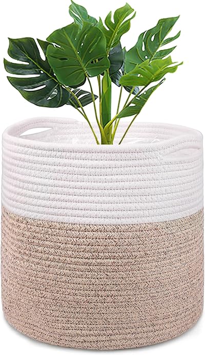 tenn well 30cm Indoor Plant Pot Basket with Liner Cotton Woven White Khaki