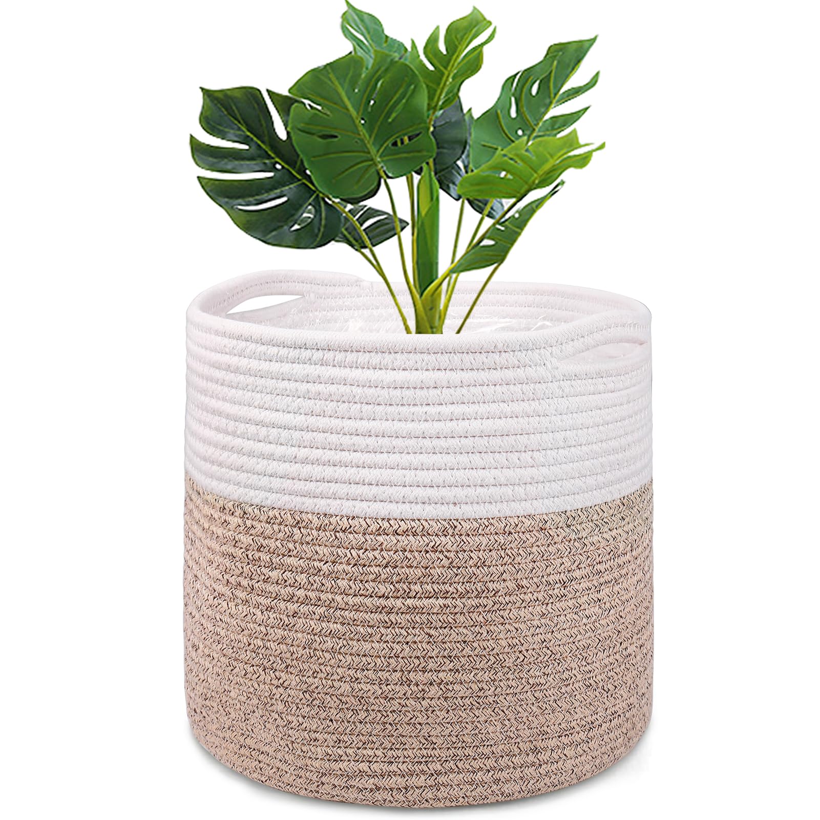 tenn well 30cm Indoor Pot for Plants with Liner, Cotton Woven Storage Basket Large Plant Pots for Indoor Plants, Flower Pot, Laundry Organiser and Home Decoration (White and Khaki)