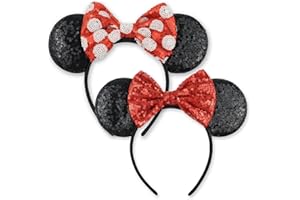 LIHELEI Minnie Mouse Ears Headband With Sequin Bows for Women Halloween Costume, Headwear Hair Accessories -2 pack Red and Black
