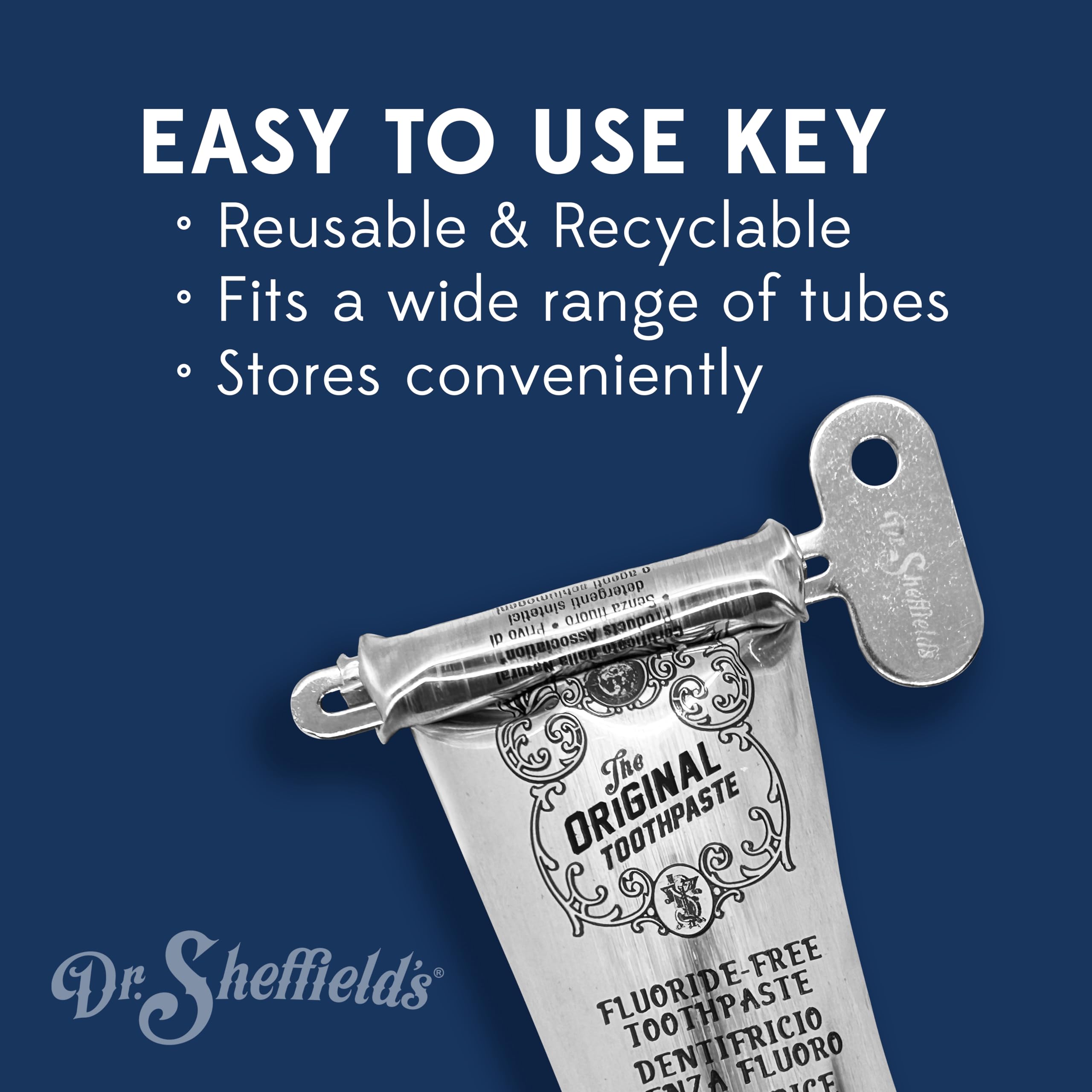 Dr. Sheffield's Aluminum Tube Key I Designed to effortlessly roll up Your Toothpaste Tubes, ensuring You Never Waste a Single Drop.
