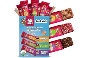 Snakkidz Organic Chewy Granola Bars for Kids, Allergen-Free, Nut-Free, Gluten-Free, Low Sugar Snack Bars Made with Avocado Oil, Individually Wrapped, School Lunch Snacks, Bulk Pack of 45, Variety Pack