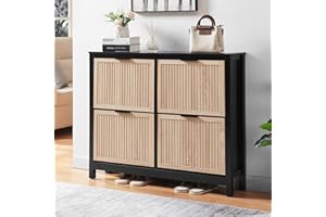 HUSHEDIFY 4 Flip Drawers Shoe Cabinet Storage for Entryway, Narrow Shoe Organizer Cabinet for Front Door Entrance, Free Standing Hidden Wooden Hallway Shoe Rack(Oak&Black)