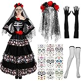 Xaatren 5 Pcs Women's Day of the Dead Costume Halloween Black Skull Skirt Gloves Stocking Face Tattoos Floral Crown Veil
