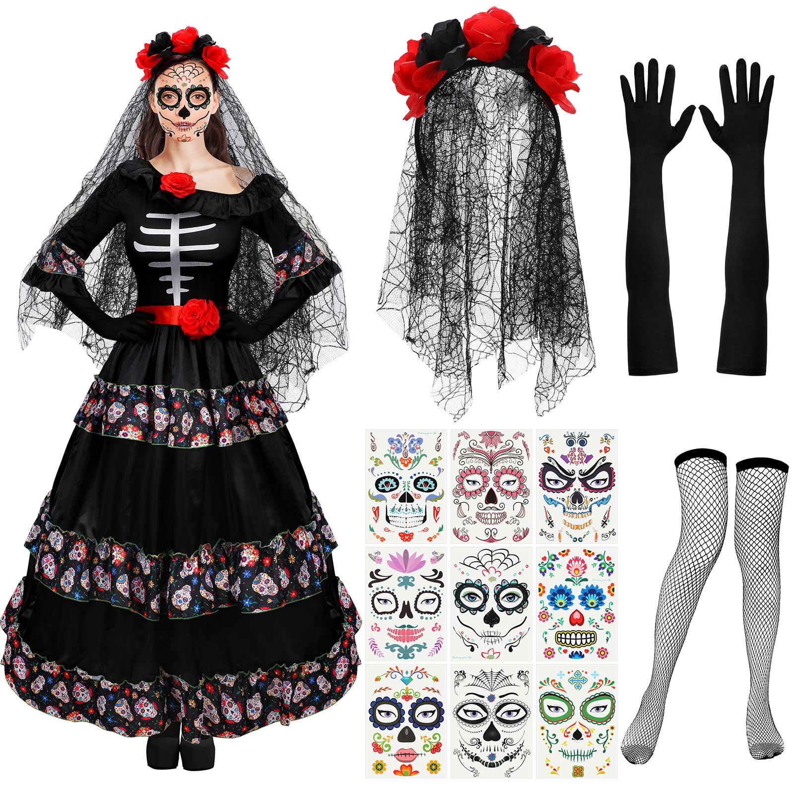 Photo 1 of Xaatren 5 Pcs Women's Day of the Dead Costume Halloween Black Skull Skirt Gloves Stocking Face Tattoos Floral Crown Veil (Large)