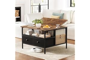 FABATO Flip Top Coffee Table, Square Coffee Table Metal Wood, Farmhouse Lift Up Coffee Tables Cocktail Table with Wire Mesh B