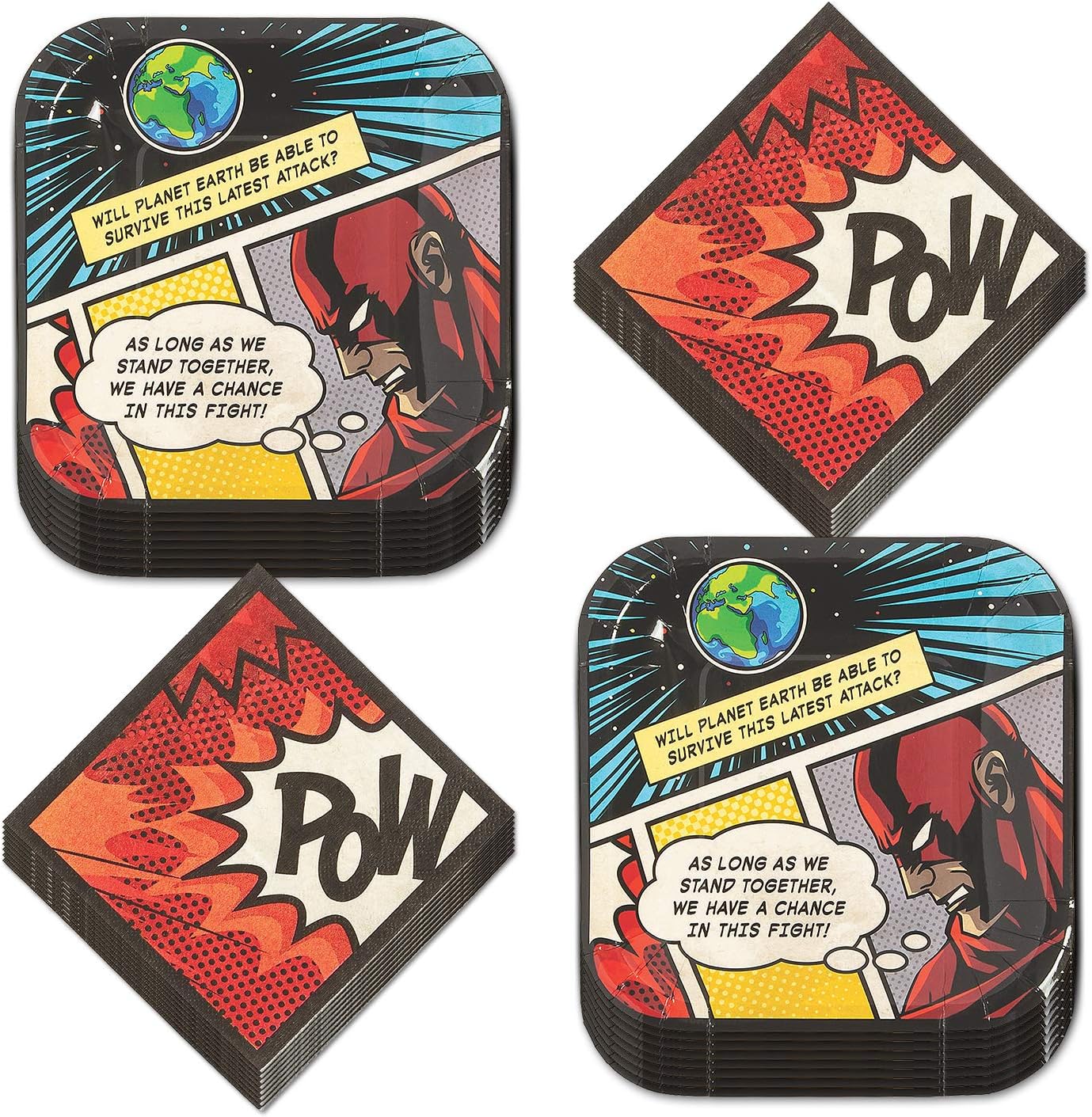 Comic Superhero Party Supplies - Dessert Plates and Beverage Napkins for Hero Birthday Party (Serves 16)