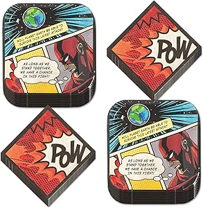 Comic Superhero Party Supplies - Dessert Plates and Beverage Napkins for Hero Birthday Party (Serves 16)