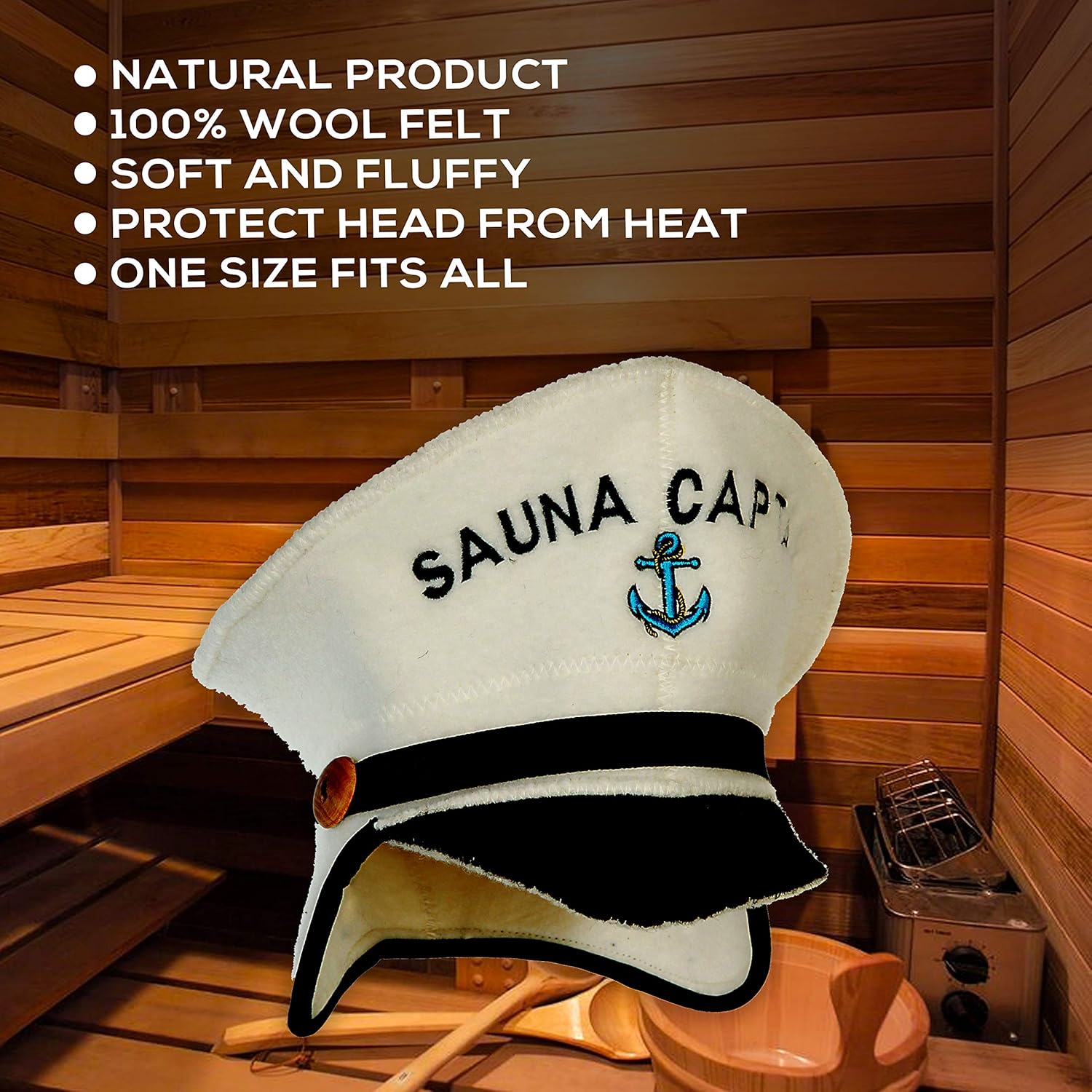 Natural Textile Sauna Hat 'Sauna Captain' White - 100% Organic Wool Felt Hats for Russian Banya - Protect Your Head from Heat - English Sauna eBook Guide Included - with Embroidery - Image 3