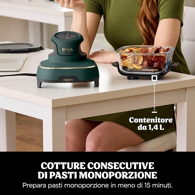 CRISPi Friggitrice ad aria portatile 4 in 1, 3,8L / 2,3L / 1,4 L, : frigge, arrostisce, mantiene caldo, dora, compatta, 6 porzioni, 3 contenitori in vetro con coperchi, 1700 W, verde, FN103EUGN — foto 7 di 8