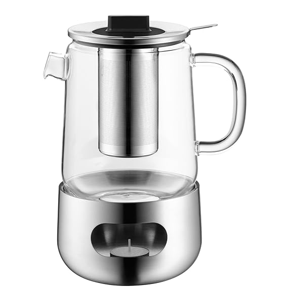 WMF SensiTea Teekanne mit Sieb und Stövchen, Glas, Edelstahl Cromargan, spülmaschinegeeignet, V 1,3l, H 21,3cm, Ø 14cm