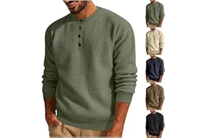 WHLBF Men's Waffle Henley Shirt Waffle Crewneck Pullover Sweaters Long Sleeve Waffle Henley Waffle Henley Pullover Sweater